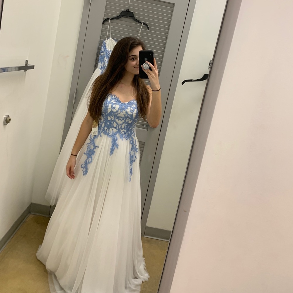 White and blue formal prom dress